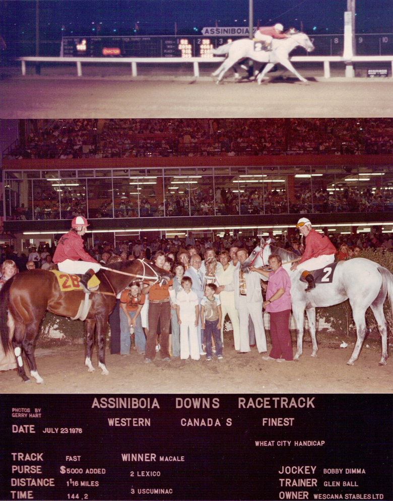 Macale (right) and Lexico run 1-2 on July 23, 1976 at ASD. Jim picked the horse to ride in this one.