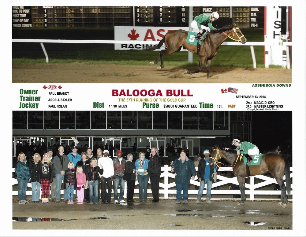 Balooga Bull wins 2014 Gold Cup at Assiniboia Downs. Paul Nolan up.