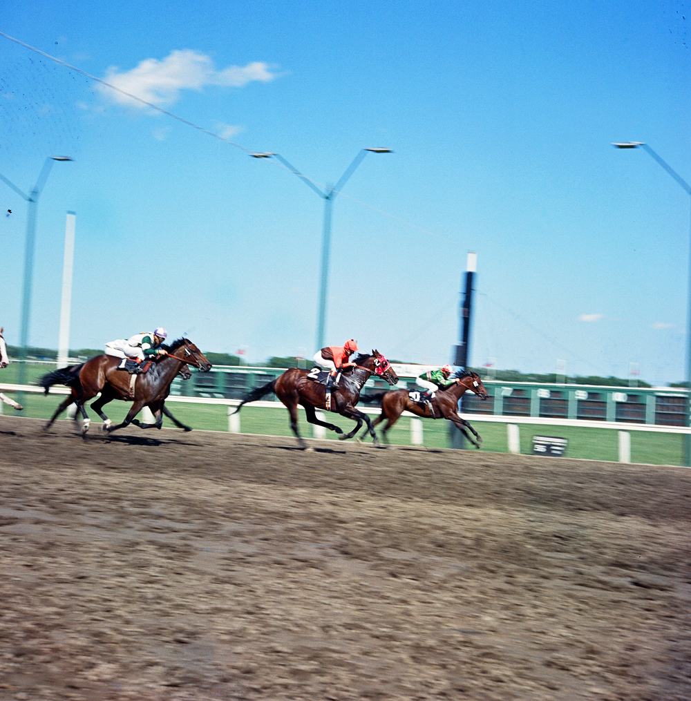 Longshot Apairian takes the early lead in the 1970 Manitoba Derby, followed by second choice Dance to Market. Winner Fanfreluche biding her time in third. 