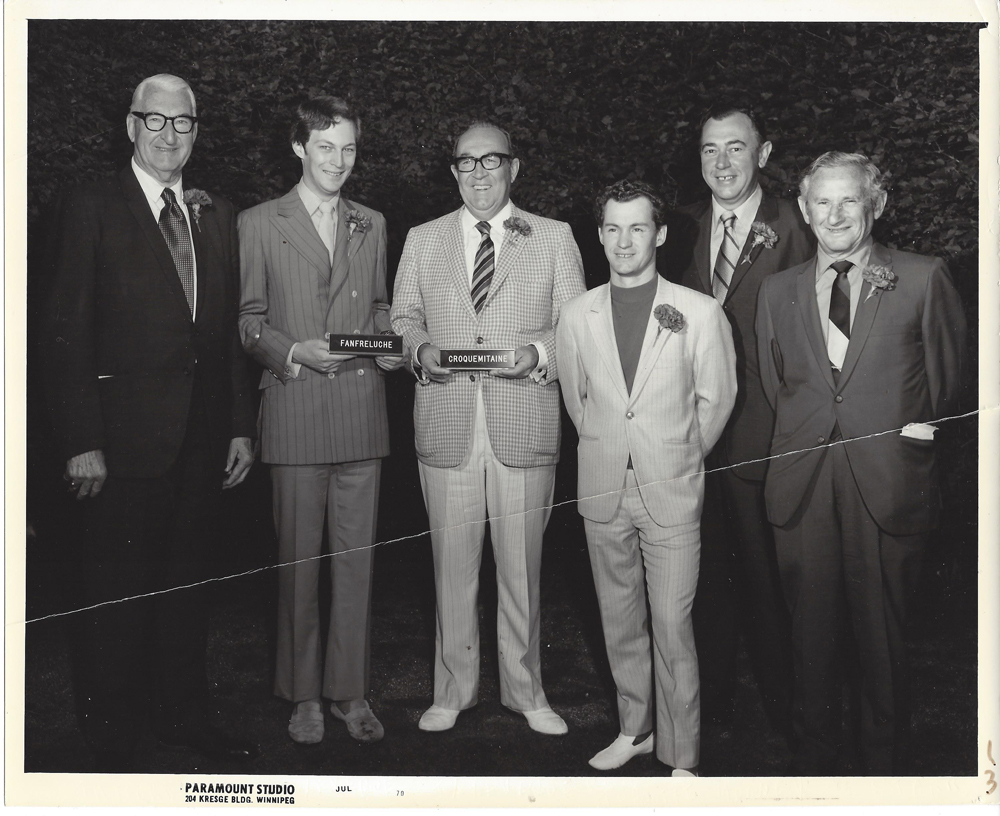 1970 Manitoba Derby. L to R: Jack Stafford, Pierre Louis Levesque, Jean Louis Levesque, Ron Turcotte, John Mooney and Yonnie Starr.
