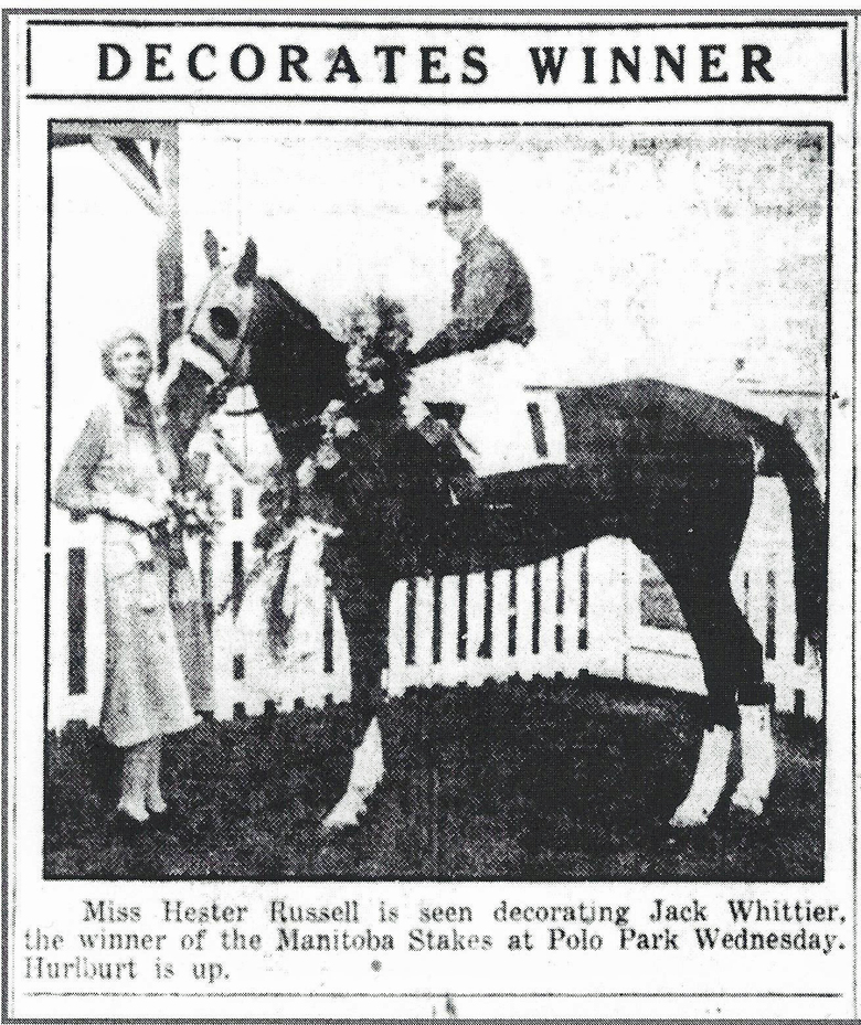 The first winner of the Manitoba Stakes-Derby. Jack Whittier. 1930.