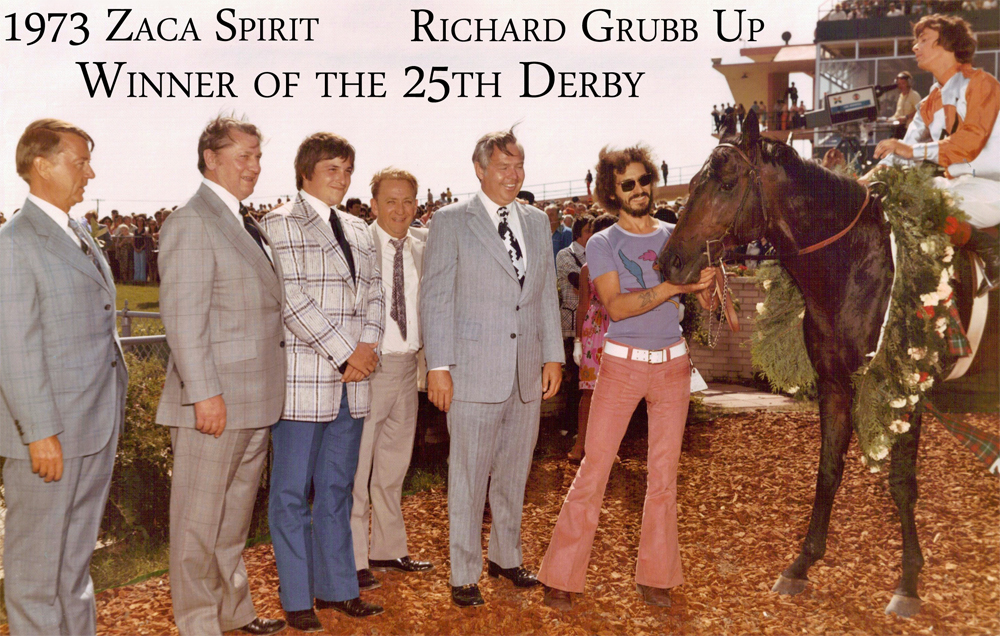 1973 Manitoba Derby winner Zaca Spirit in the winner's circle with Jack Hardy, George Frostad and son Mark, Carl Chapman, and Lt. Gov. Jack McKeag.
