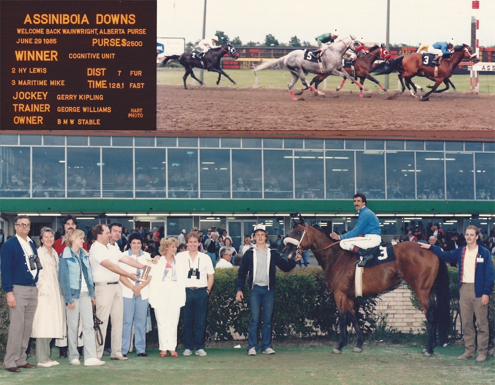 A young Bob Gates (center with binoculars) in the winner's circle with his new bride. June 29, 1985.