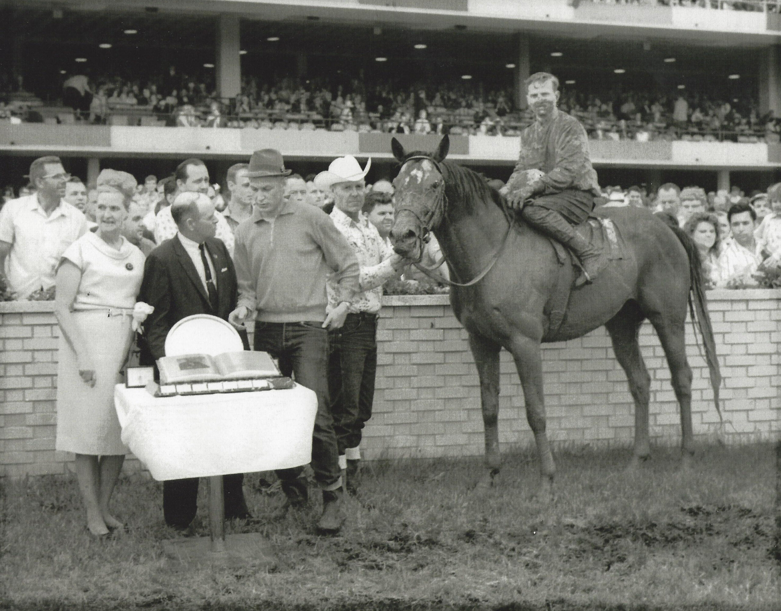  Cosmic Tip. Speers Handicap 1966. Harry Jeffrey presenting to trainer Gary Danelson. Gary's father holding the horse. Roger Jensen in he saddle.