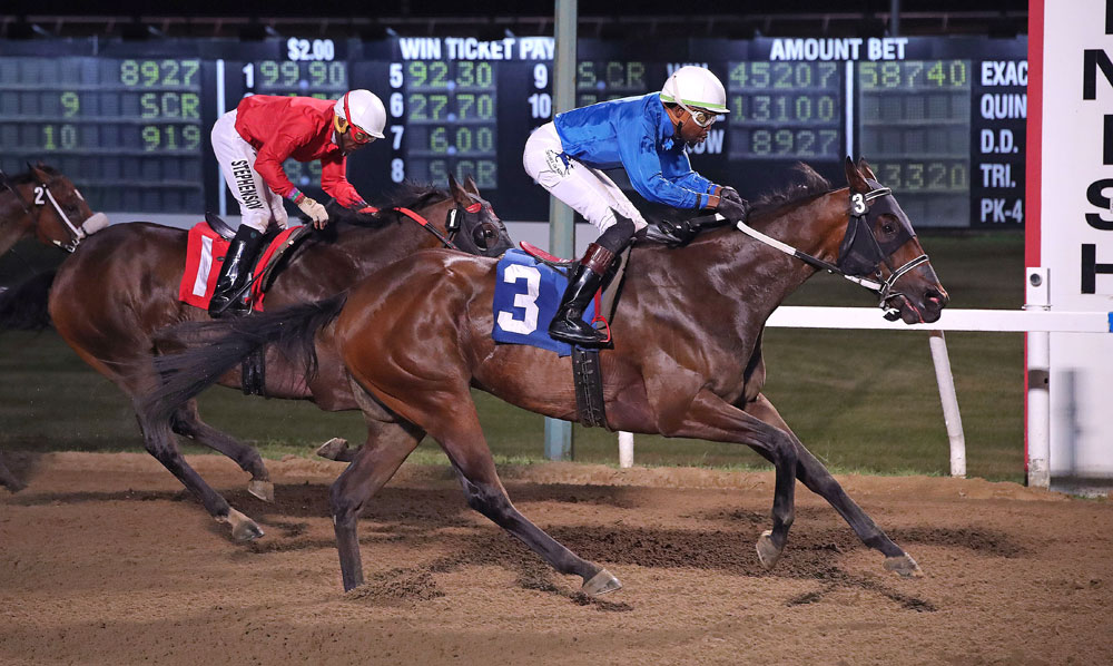 BigTicket1k Antonio Whitehall and Big Ticket (#3) get the best of Really Slow (#1) in the final race on Wednesday. (Jason Halstead / Assiniboia Photo)